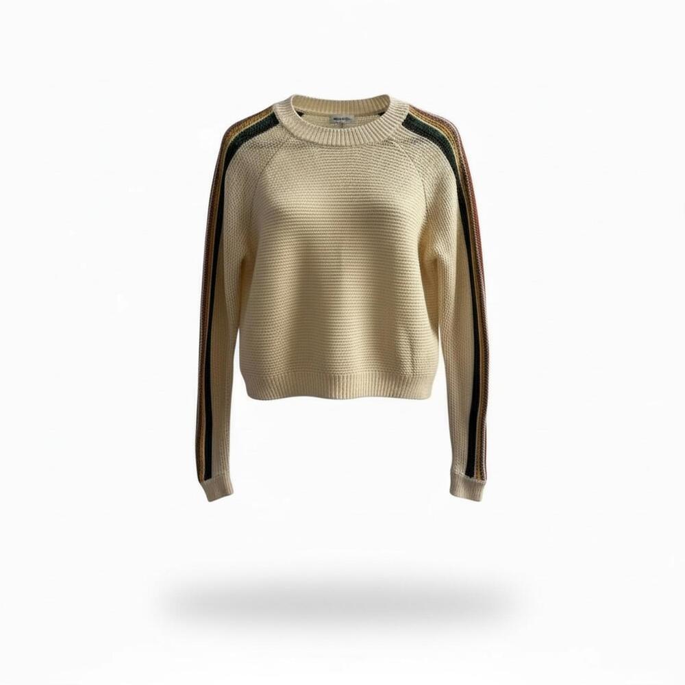 Others Follow Cream Knit Sweater Medium | Rainbow Stripe Sleeves Slouchy Fit